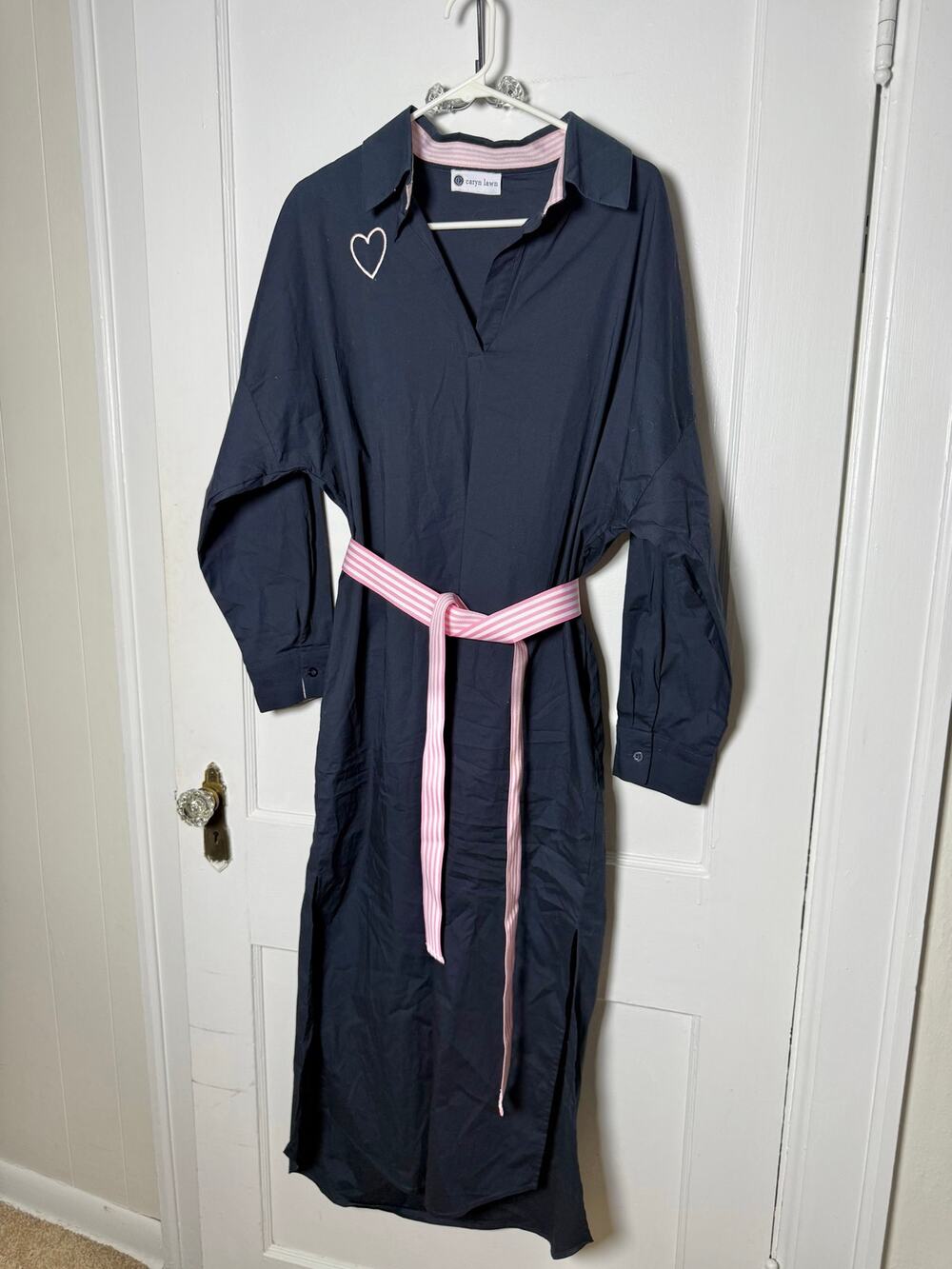 Caryn Lawn Navy Pink Striped Belted Shirt Dress One Size Preppy Coastal
